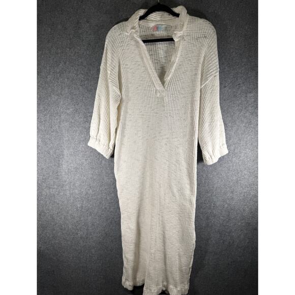 Free People Dress Women Large Ivory Pacific Maxi Side Slits Ribbed Collar Coasta - Picture 2 of 11